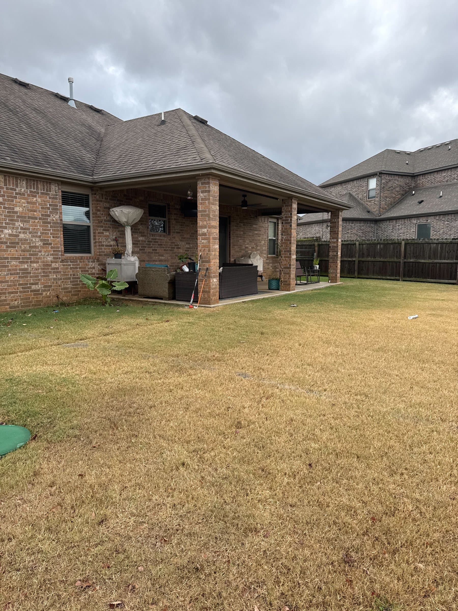 Before: A flat back yard with a fence, a trampoline and dead winter grass.